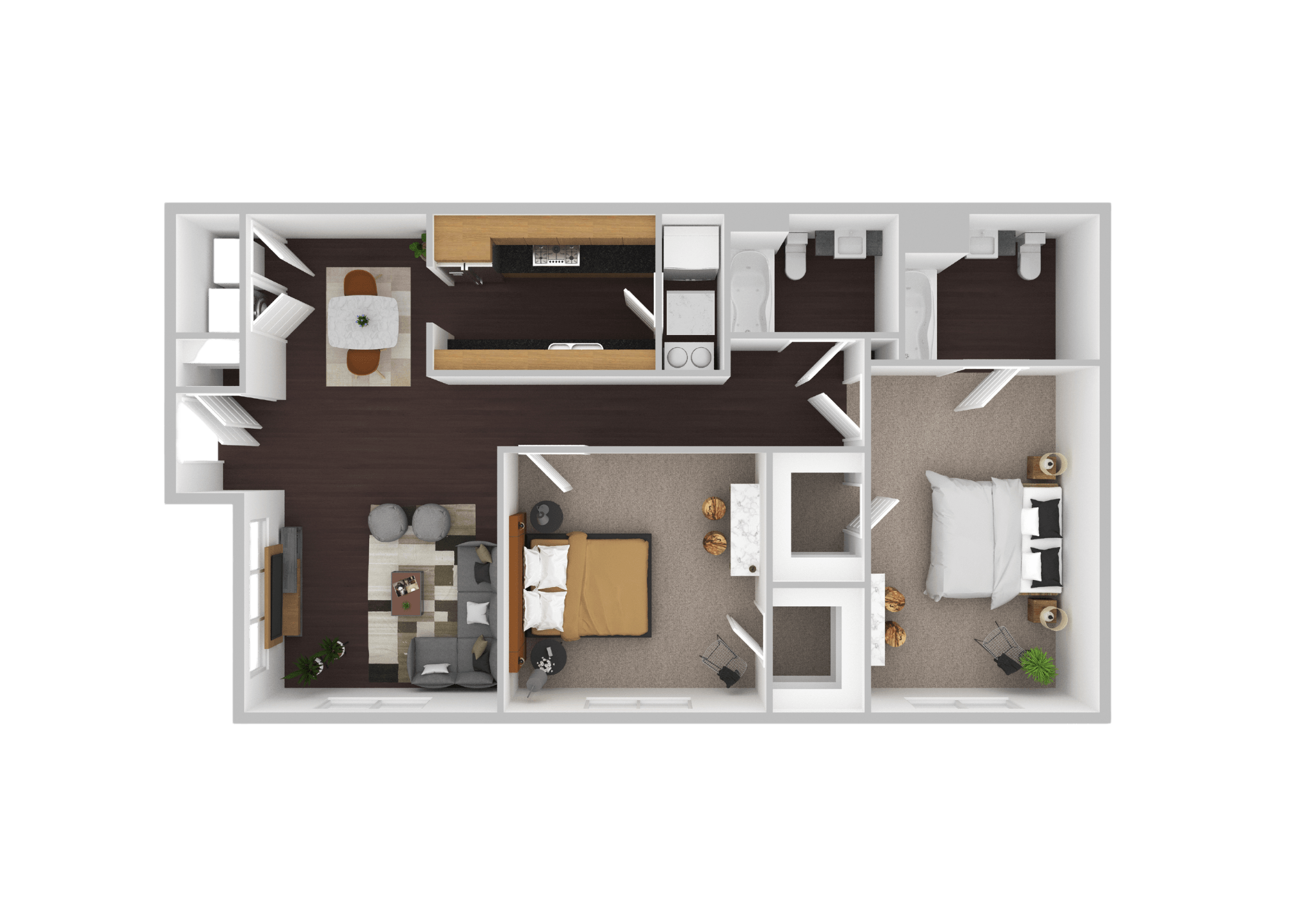 Floor plan for 2 beds, 2 baths, 977 sqft